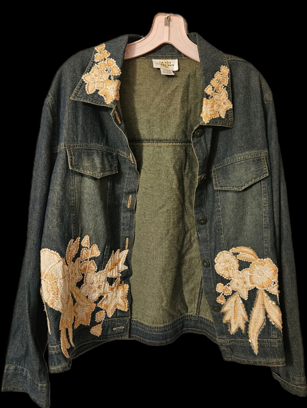 Embroidered Floral Blue Denim Jacket with Cream Appliqué Vintage Sandy Starkman